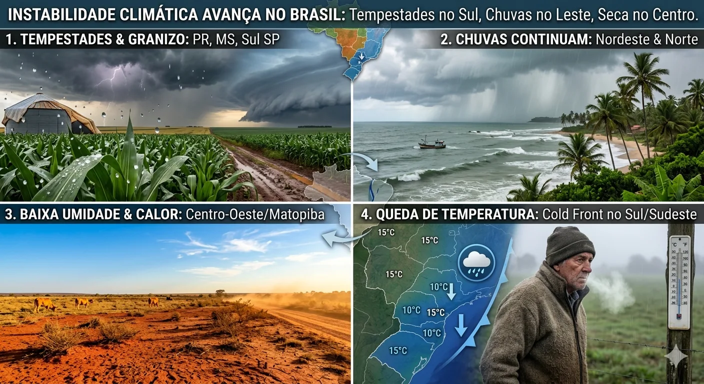 Inmet: previsão do tempo para quarta (22) e quinta-feira (23) Tempestades avançam para o Paraná, Mato Grosso do Sul e sul de São Paulo; chuvas continuam no Nordeste e extremo Norte 21.07.2026 | 15:08 (UTC -3)