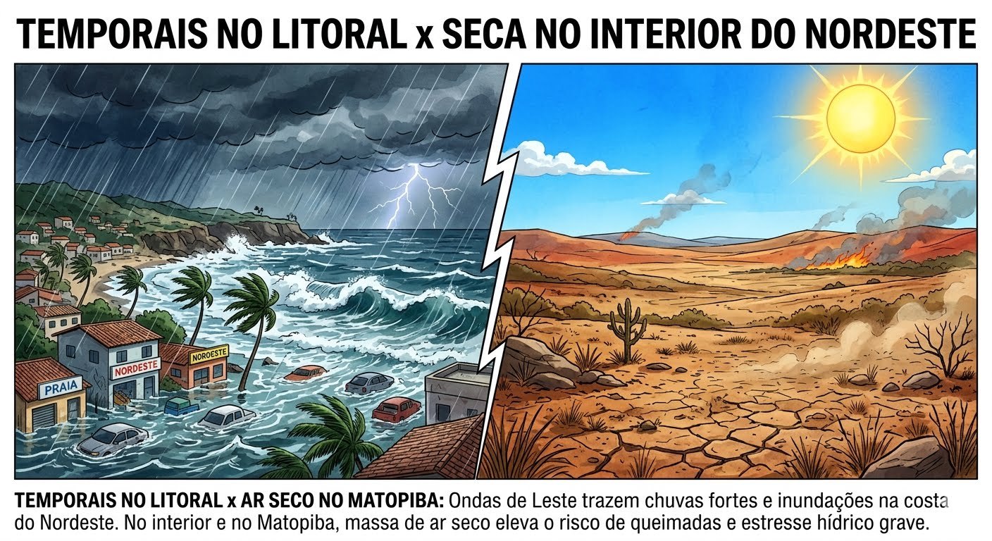Clima no Nordeste: Ondas de Leste trazem risco de temporais no litoral e seca extrema eleva alerta de incêndios no interior